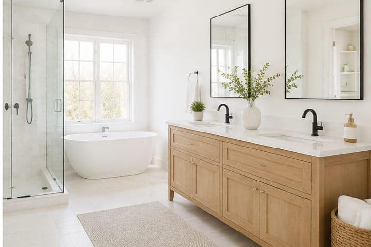 A bright bathroom with a freestanding tub and a double oak vanity