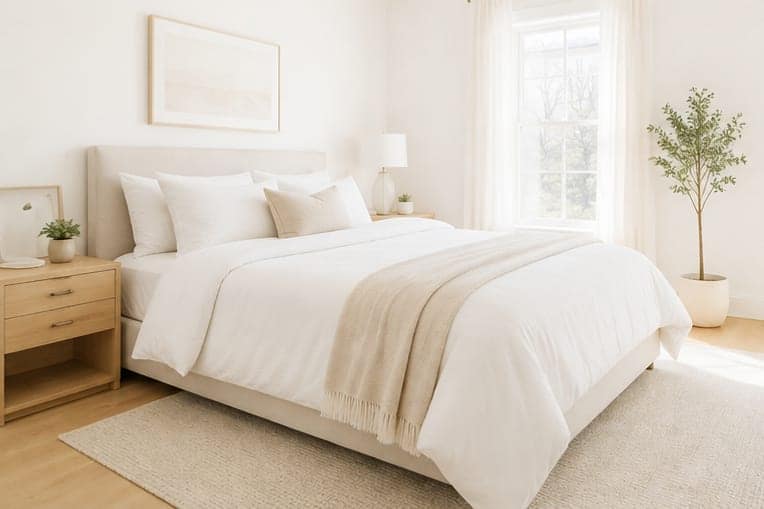 A made bed with crisp white linens beside a sunlit window