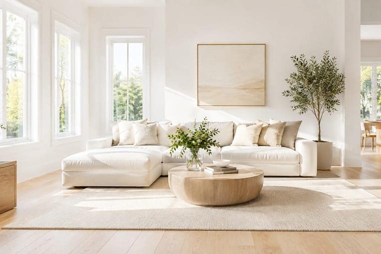 A living room with dusted surfaces, shelves and a low table