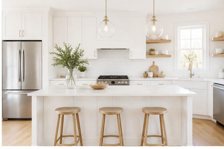 A clean white kitchen with an island, brass fixtures and fresh greenery
