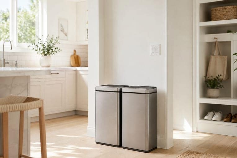 Two clean stainless bins in a bright kitchen entryway